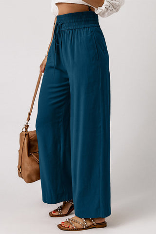Elastic Waist Wide Leg Pants -  Dark Blue