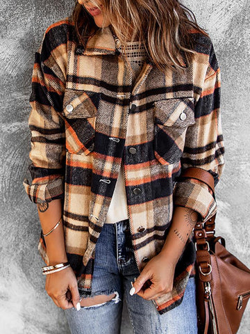 Flannel Plaid Shacket with Pockets - Orange