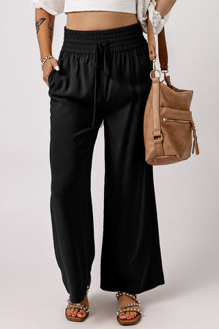 Elastic Waist Wide Leg Pants - Black