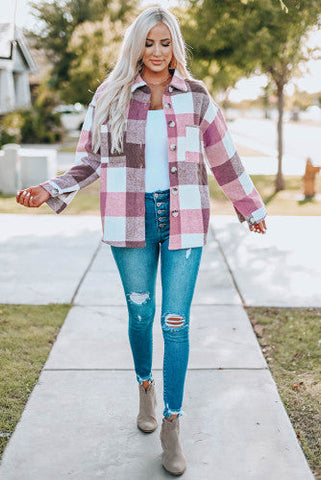 Thick Flannel Buffalo Plaid Shacket with Pockets - Pink
