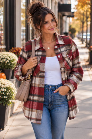 Flannel Plaid Shacket with Pockets - Red