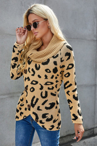 Wrap Turtleneck Sweater - Beige Leopard