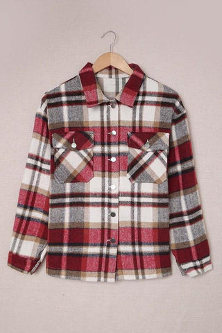 Flannel Plaid Shacket with Pockets - Red