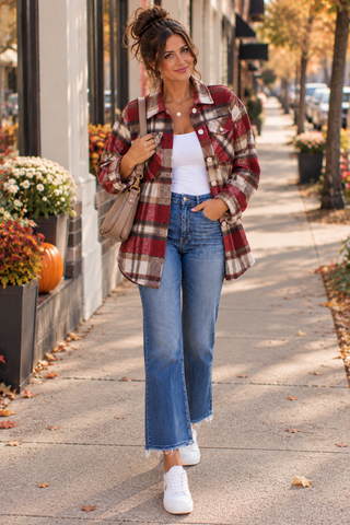 Flannel Plaid Shacket with Pockets - Red
