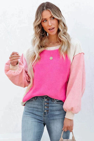 Color Block Fuzzy Sweatshirt - Pink