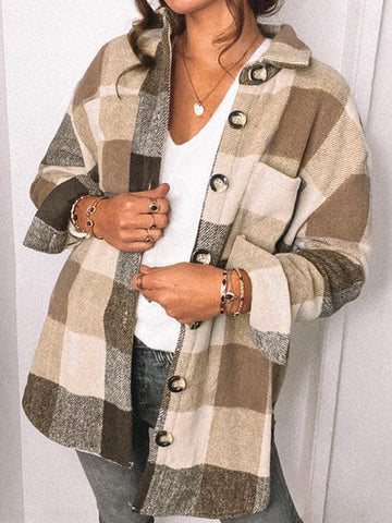 Thick Flannel Buffalo Plaid Shacket with Pockets - Brown