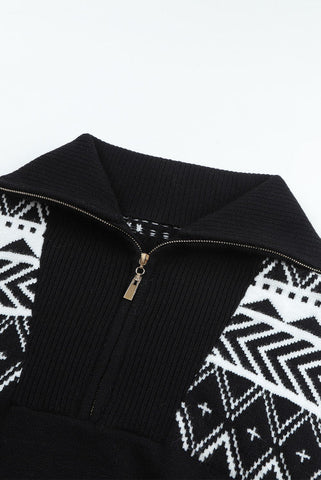 Aztec Zip Up Sweater - Black