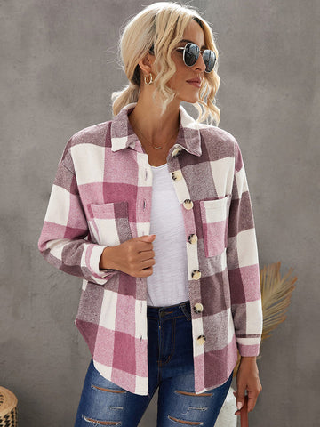 Thick Flannel Buffalo Plaid Shacket with Pockets - Pink