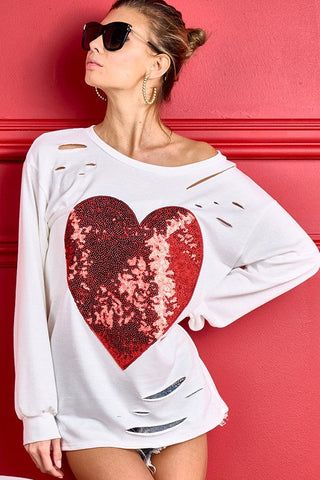 Laser Cut Sequined Heart Top - White