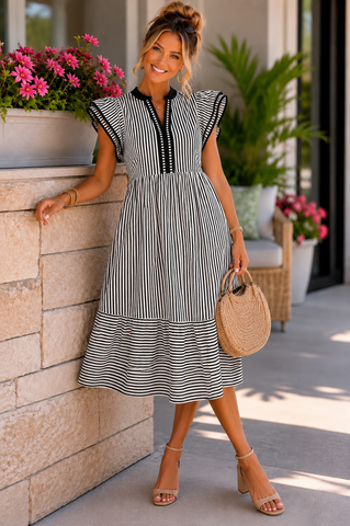 Striped Midi Dress - Black