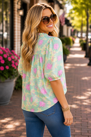 Puff Sleeve Floral Top - Green Pastel