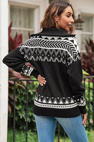 Aztec Zip Up Sweater - Black