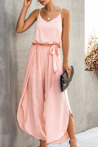 Flowy Spaghetti Strap Jumpsuit - Pink