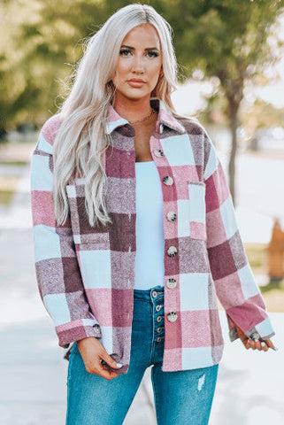 Thick Flannel Buffalo Plaid Shacket with Pockets - Pink