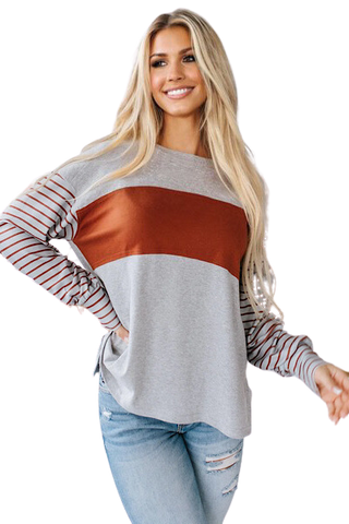 Bishop Sleeve Striped Top - Gray and Brown