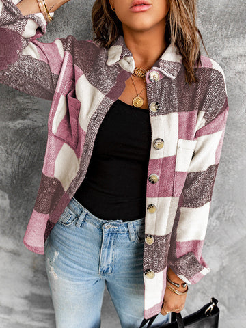 Thick Flannel Buffalo Plaid Shacket with Pockets - Pink