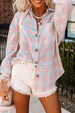 Plaid Button Up Top - Pink and Blue