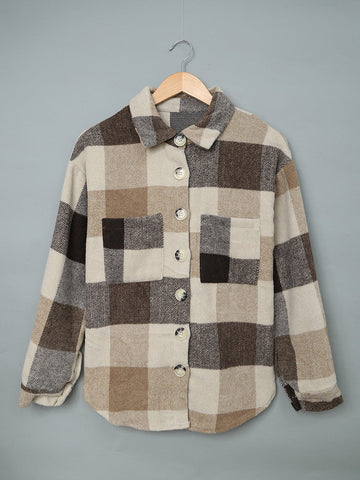 Thick Flannel Buffalo Plaid Shacket with Pockets - Brown
