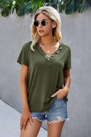 V-Neck Button Top - Green