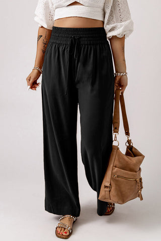 Elastic Waist Wide Leg Pants - Black