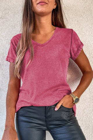 Mineral Washed V-Neck Top - Pink