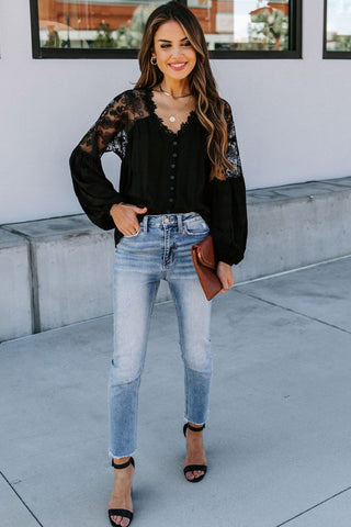 Button Up Lace Top - Black