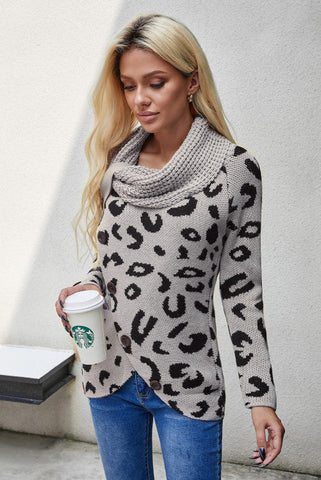 Wrap Turtleneck Sweater - Gray Leopard