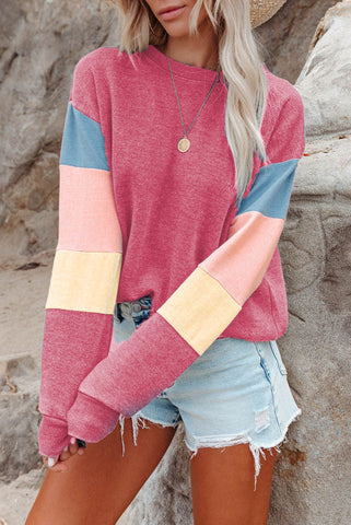 Rainbow Sleeve Crew Neck Sweatshirt - Pink