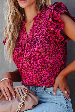 Flutter Sleeve Floral Top - Raspberry