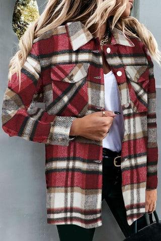 Flannel Plaid Shacket with Pockets - Red