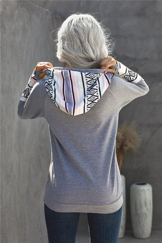 Aztec Print Double Hoodie - Gray