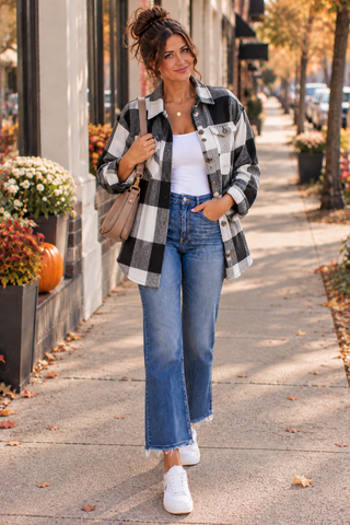 Thick Flannel Buffalo Plaid Shacket with Pockets - Black