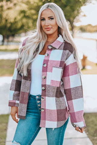 Thick Flannel Buffalo Plaid Shacket with Pockets - Pink
