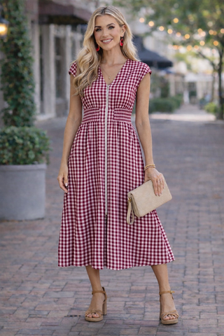 Checkered Cinched Waist Dress - Red