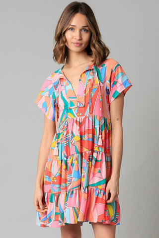 Retro Vibes Short Sleeve Dress - Coral