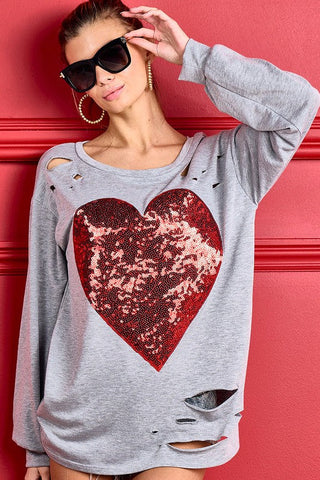 Laser Cut Sequined Heart Top - Gray