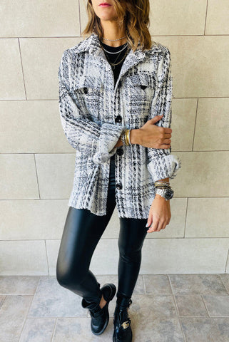 Woven Plaid Shacket - Black and White