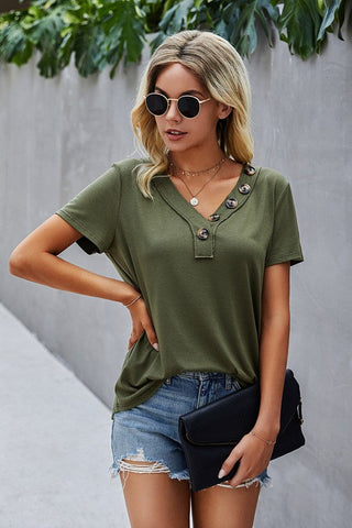 V-Neck Button Top - Green
