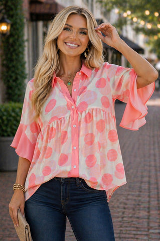 Pink Polka Dot Oversized Button Up Top