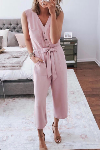 Crop Jumpsuit with Sash - Pink