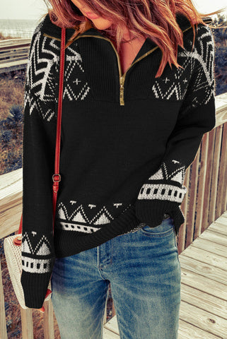 Aztec Zip Up Sweater - Black