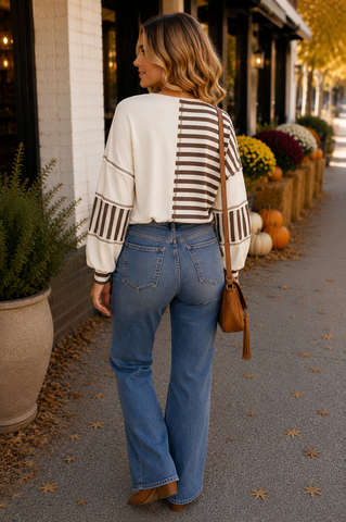 Striped Henley Top - Brown