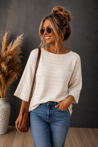 Ribbed Dolman Sweater - Beige