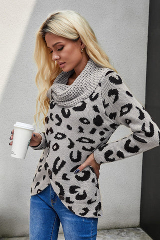 Wrap Turtleneck Sweater - Gray Leopard