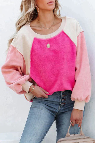 Color Block Fuzzy Sweatshirt - Pink