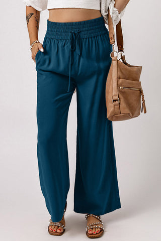 Elastic Waist Wide Leg Pants -  Dark Blue