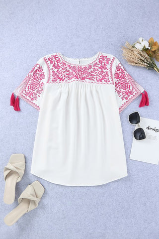 Pink and White Embroidered Top