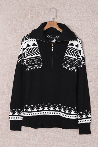 Aztec Zip Up Sweater - Black