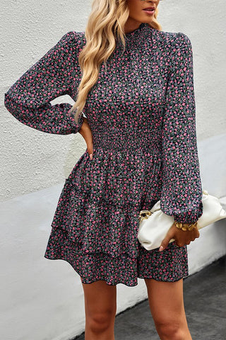 Spring Floral Long Sleeve Dress - Black