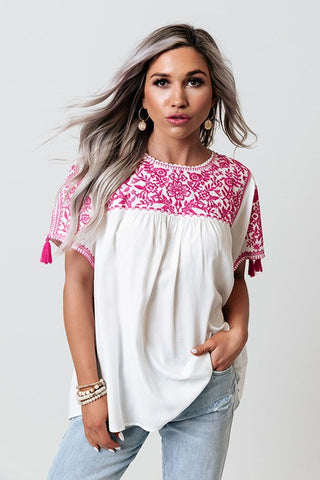 Pink and White Embroidered Top